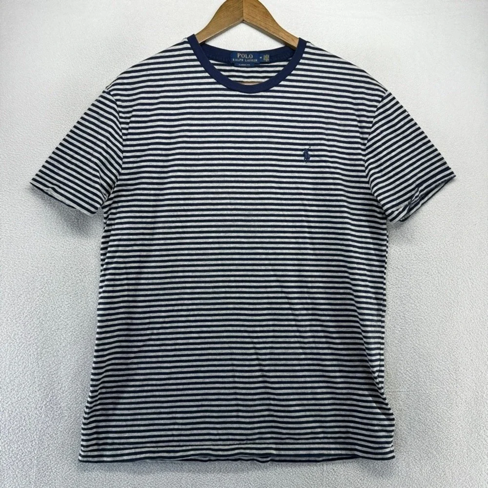 Ralph Lauren Shirt Men's Medium Blue Gray Striped Classic Pony Preppy Blank Crew